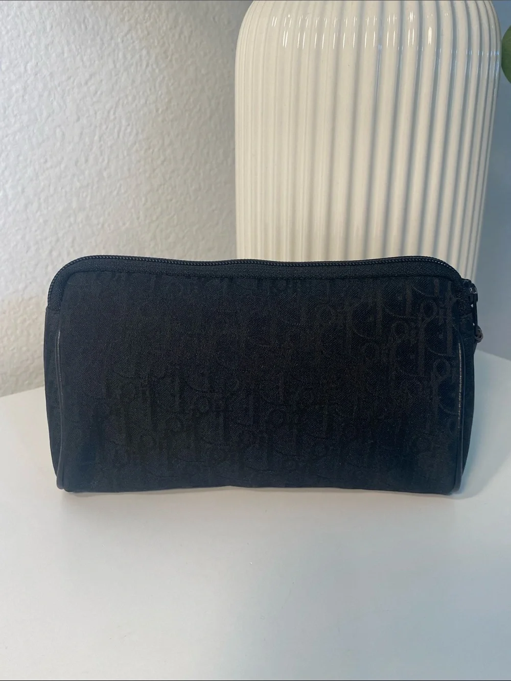 Dior Black Canvas Cosmetic Pouch with Gold Accent